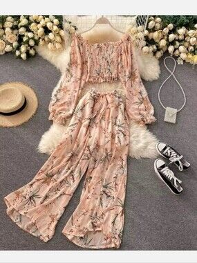 Smocked Chiffon Balloon Sleeve Blouse & Palazzo Pants Set | Pink | XS/S